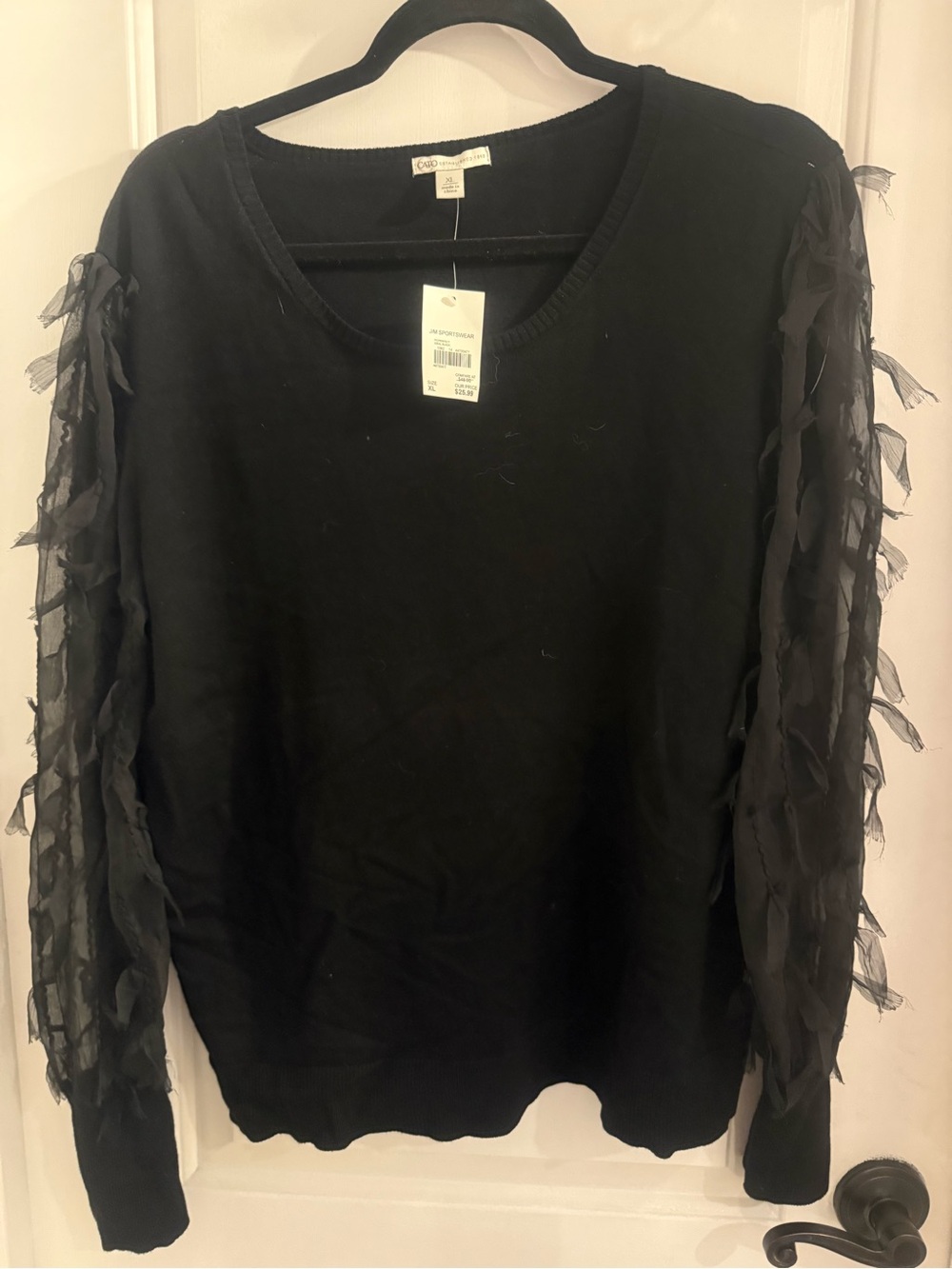 Cato Black Women's Long Sleeve Sweater with Sheer Ruffle Sleeve Details